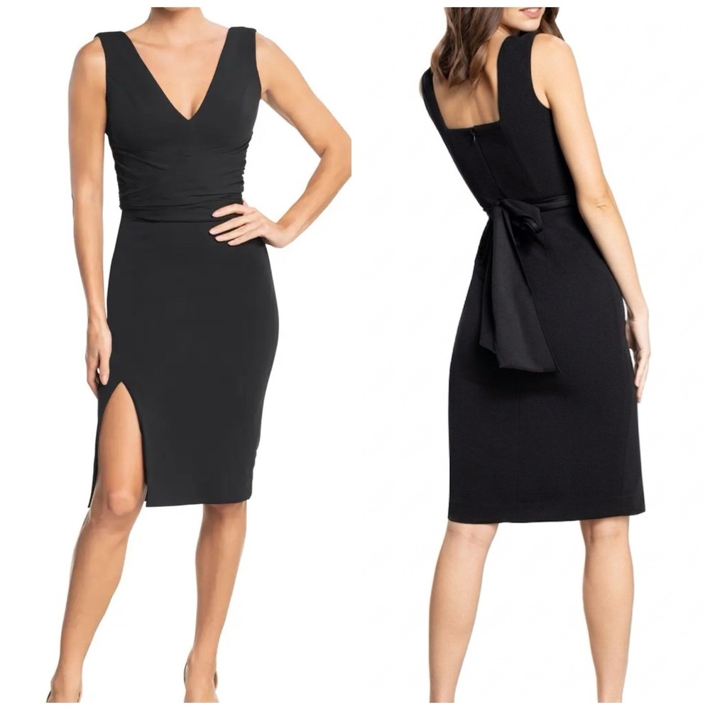 Dress the Population Alessia Black Dress Size Small Tie Waist Crepe $198 LBD